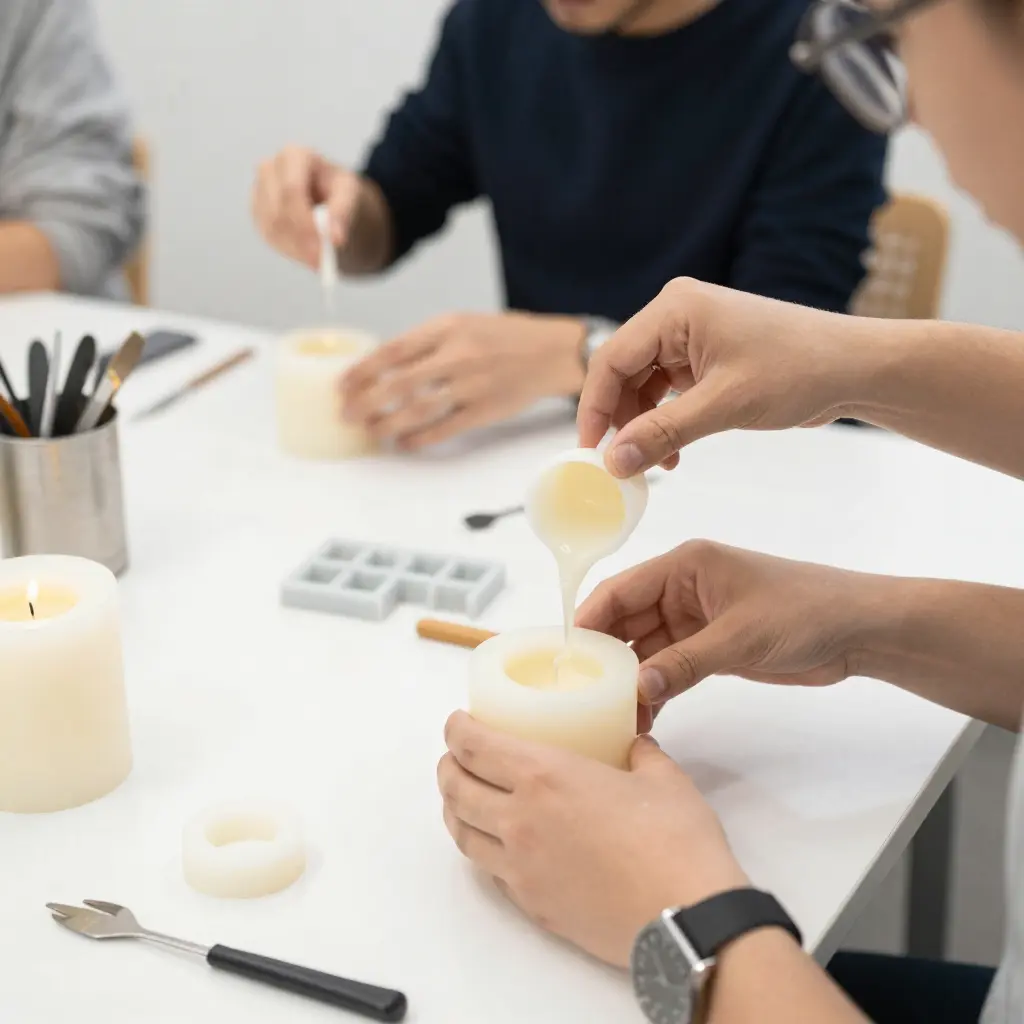 Participants learning candle making techniques during a beginner workshop